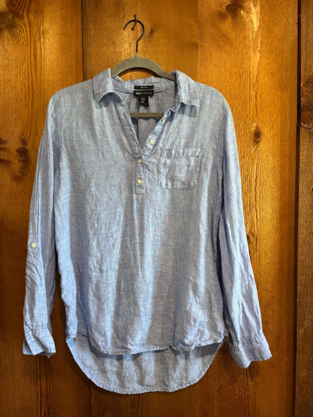 Jones New York 100% Linen Light Blue Henley Popover Tunic Preppy Coastal M